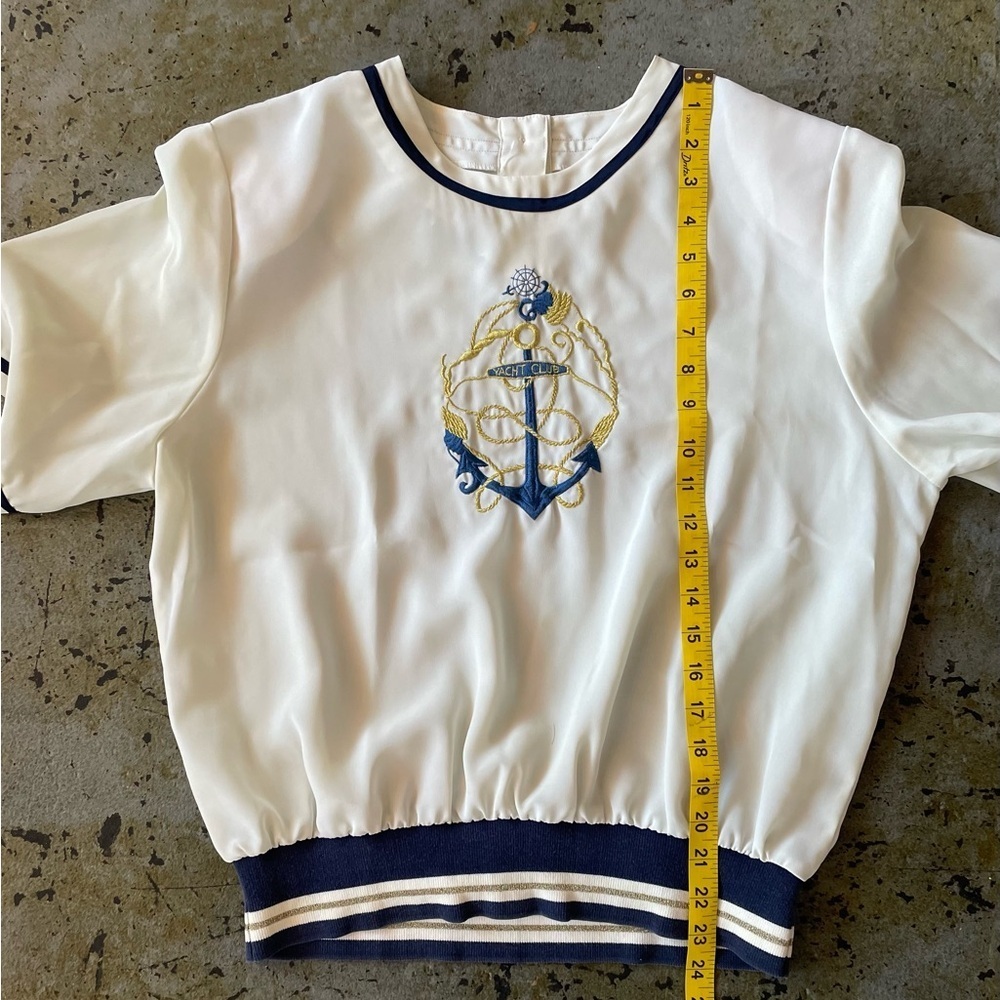Laura & Jayne Collection Embroidered Nautical Anchor Cream and Navy Top Size 14 - Picture 5 of 6
